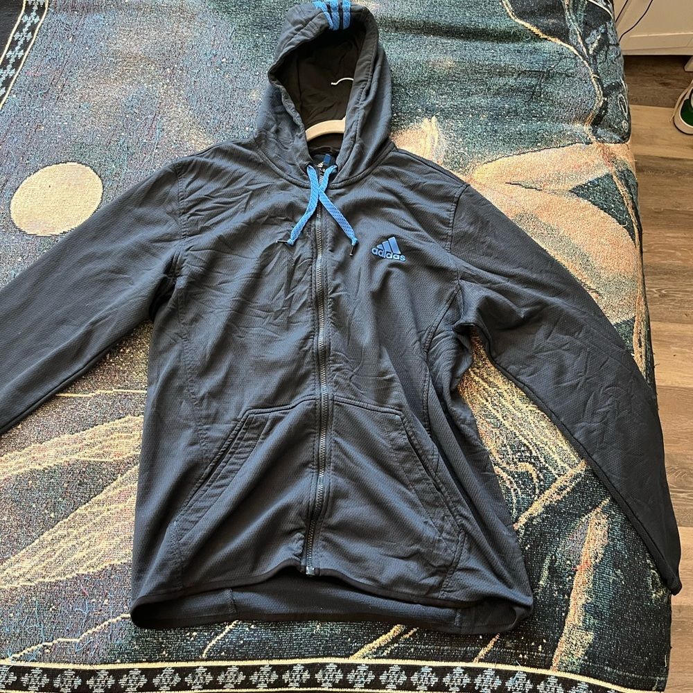 Adidas Full Zip Hoodie Black Blue Men’s L Streetwear Y2K Retro Athletic Jacket